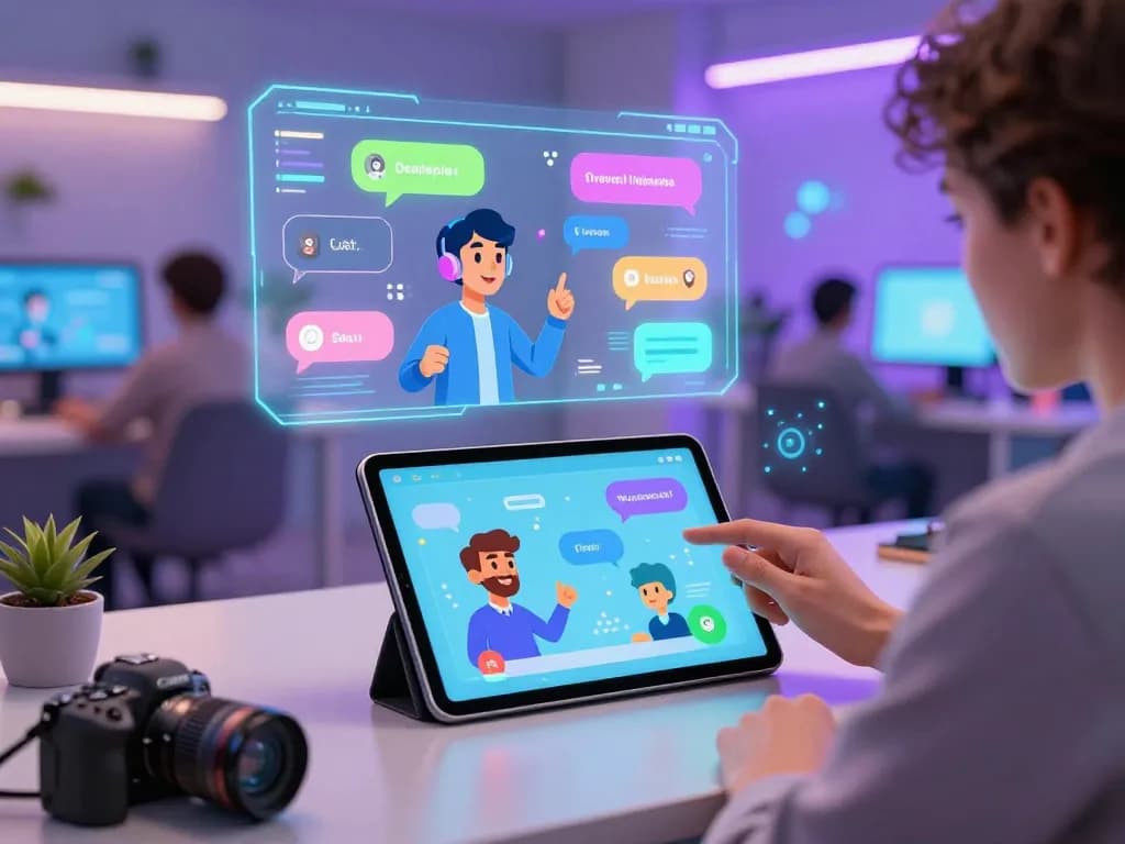 Interactive chat experience with Crushon AI character on tablet in futuristic workspace