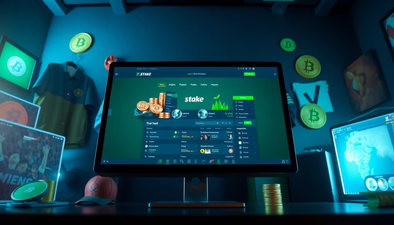 Stake סוכן מוצג על פלטפורמת הימורים מקוונת מקצועית עם נושאים של מטבעות קריפטוגרפיים.