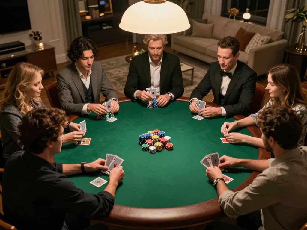 Friends enjoying a competitive poker game at home, highlighting the okking1 experience of social gambling