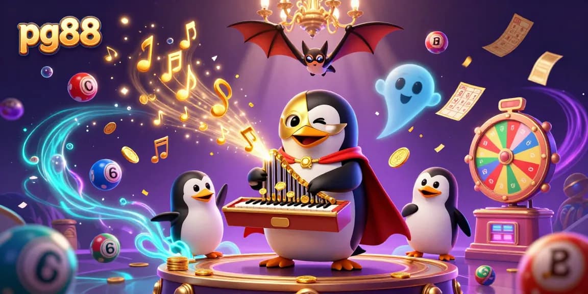 Join the excitement at pg88, featuring a whimsical penguin orchestrating a coin spectacle in a vibrant casino scene.
