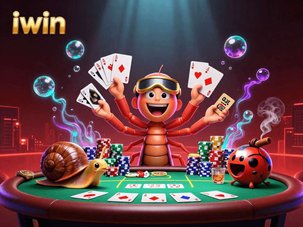 Join the fun at iwin with an exciting 3D illustration of a dealer and high-rollers at a vibrant poker table.