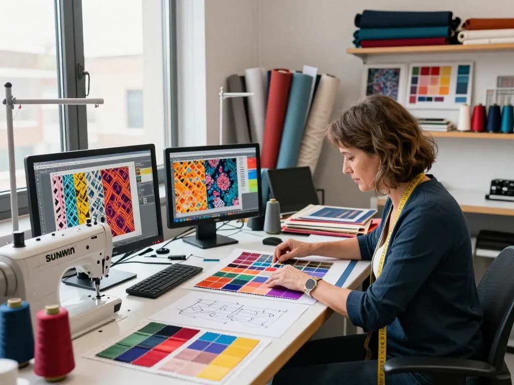 Sunwin textile designer creating innovative fashion pieces in a vibrant studio.