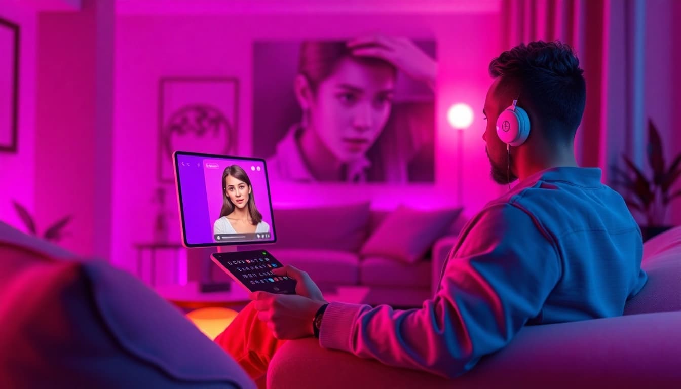 Experience engaging and interactive sex chat ai moments with a lifelike digital avatar in a cozy setting.