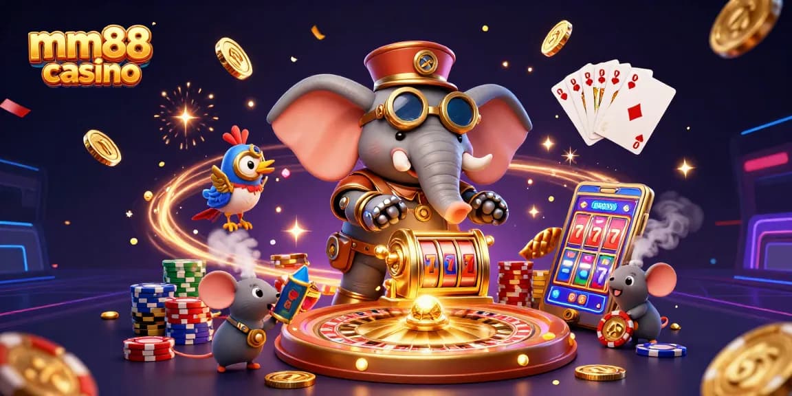 Experience the excitement of mm88 casino with an enchanting illustration of a steampunk elephant at a slot machine.