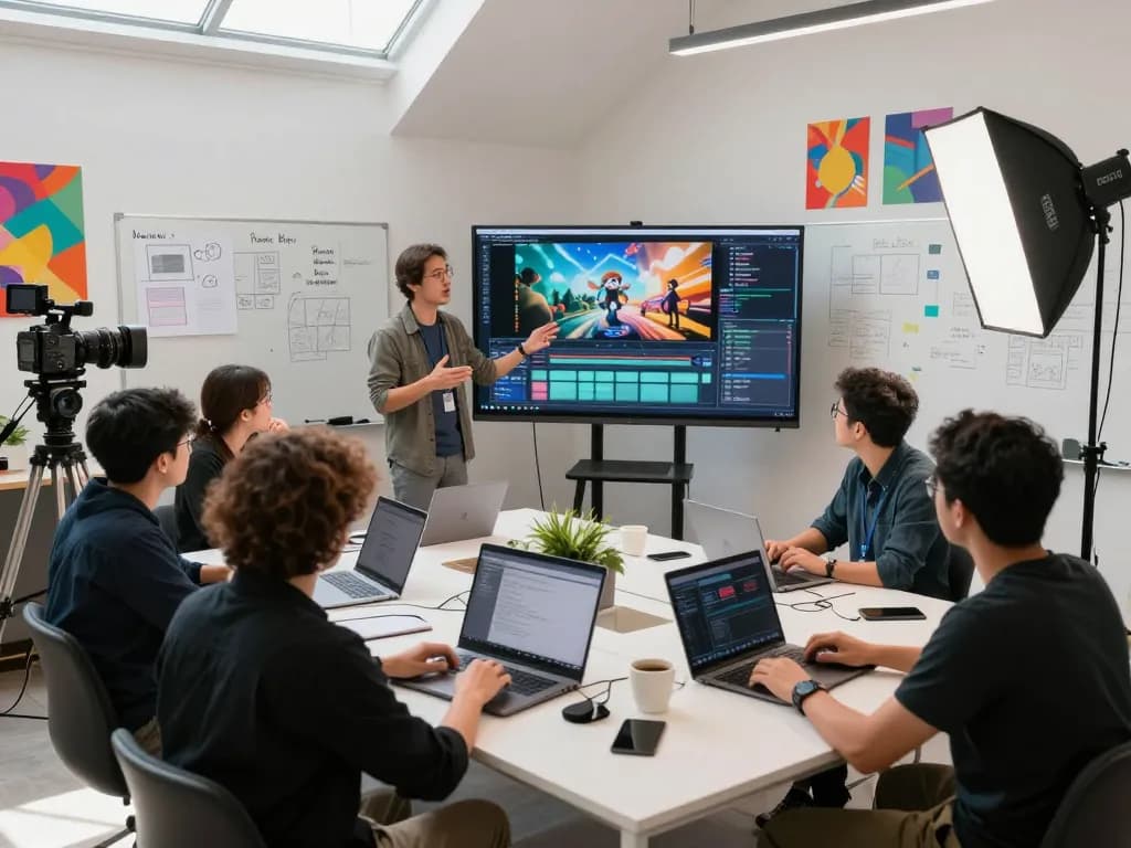 Innovative team using Seedance AI for video production in a modern studio
