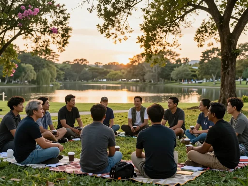 manclub group of men discussing mental health in a park