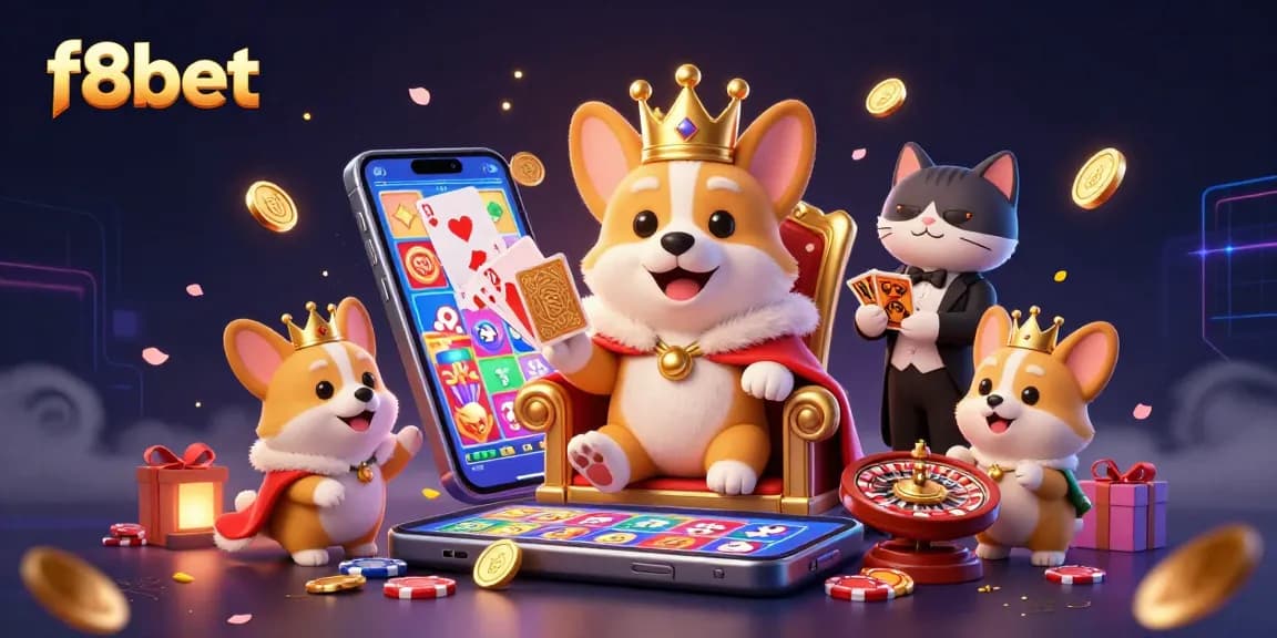Experience thrilling gameplay at f8bet with a vivid illustration of a royal corgi on a throne surrounded by gaming elements.