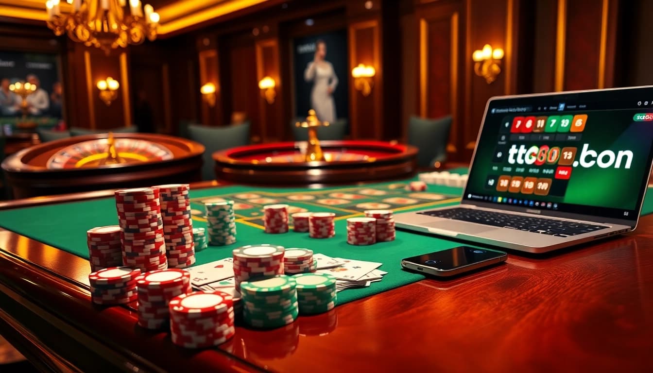 Experience high-stakes poker at tr88.com, featuring vibrant chips, cards, and a roulette wheel.