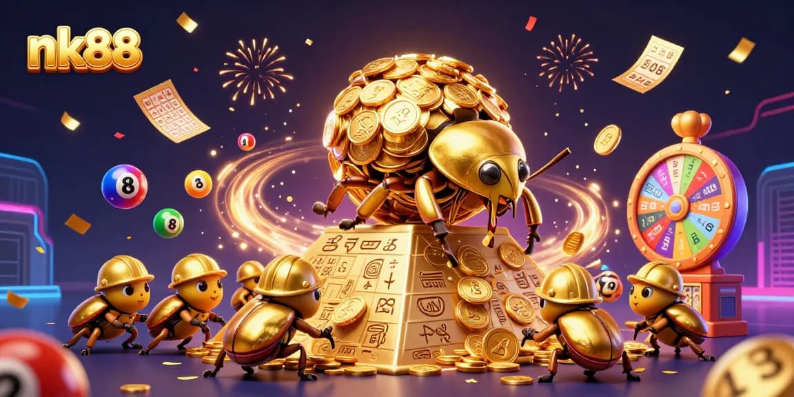 Experience thrilling wins at nk88 with golden tickets and lottery balls bouncing in celebration.