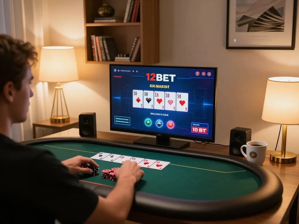 Person engaging in a 12bet online poker game on a cozy home gaming setup.