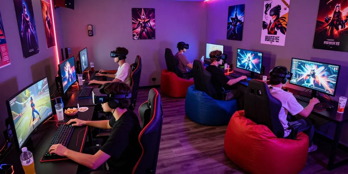 Exciting gaming lounge scene with diverse players immersed in xxx games, showcasing lively atmosphere.