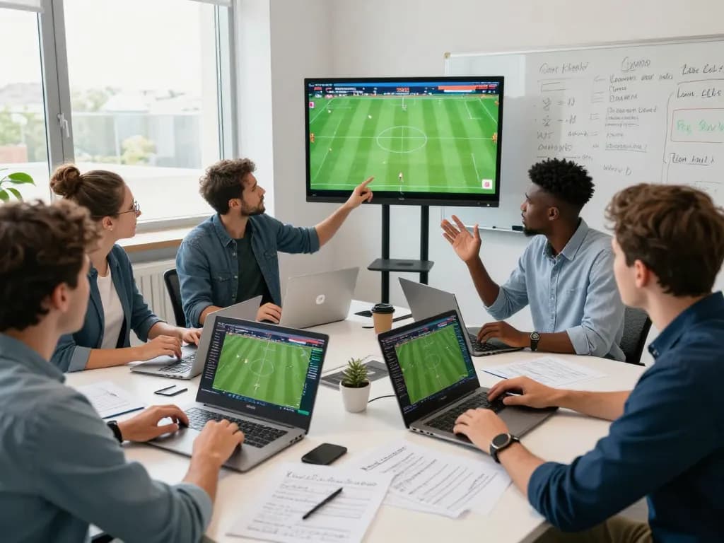 Sports analysts at 1gom discussing football odds and strategies in a vibrant office.