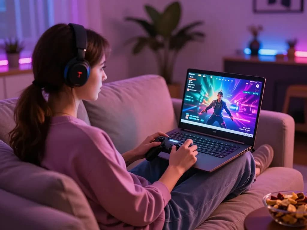 Engaged gamer enjoying interactive porn games on her laptop in a cozy space.