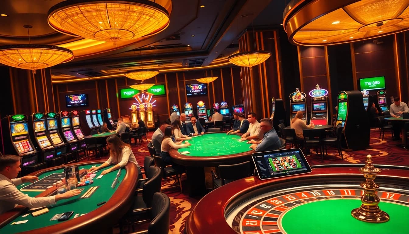 Experience high-stakes excitement at TV 88's luxurious casino scene with vibrant slots and poker games.