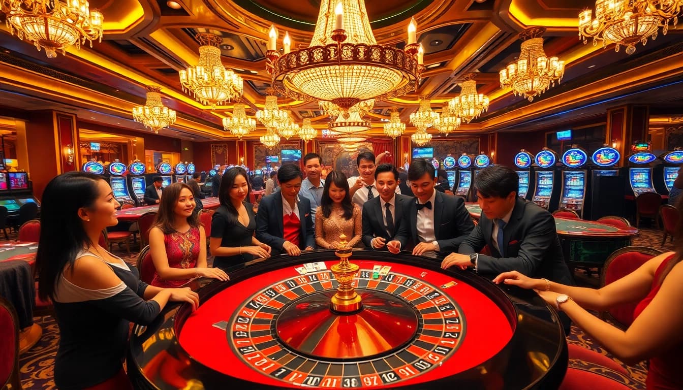 Engaged players celebrating at the luxurious roulette table of nhà cái W188, showcasing excitement and vibrant casino atmosphere.