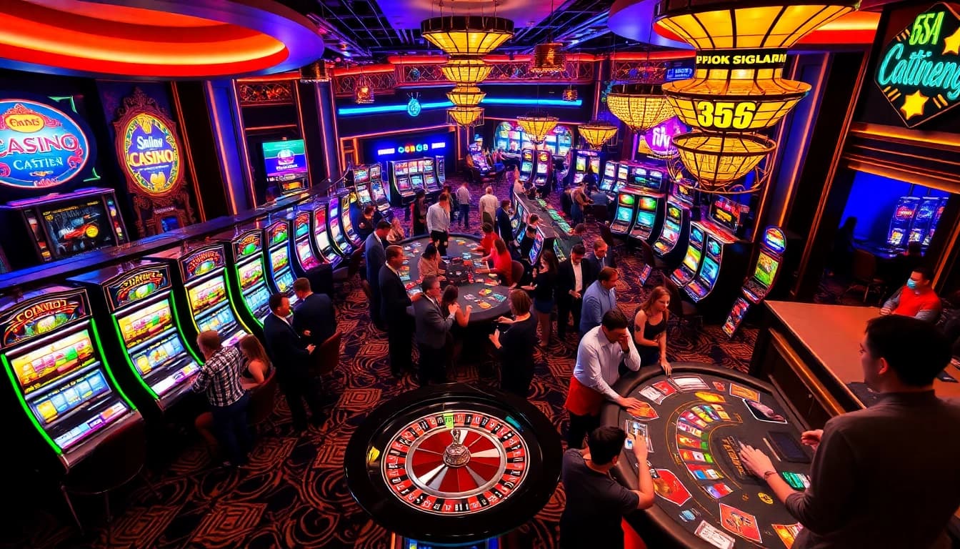 A thrilling scene of casino gaming featuring 65A branding, poker tables, and vibrant slot machines.