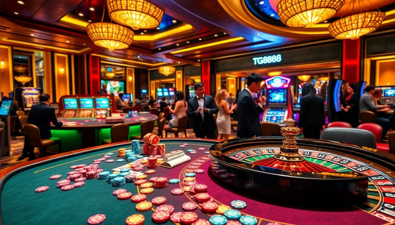 Players enjoying a thrilling game at TG888 casino with vibrant tables and engaging atmosphere.