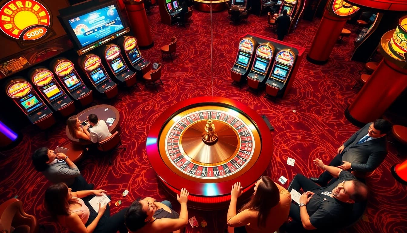 SODO casino scene showcasing players at a vibrant roulette table surrounded by slot machines.