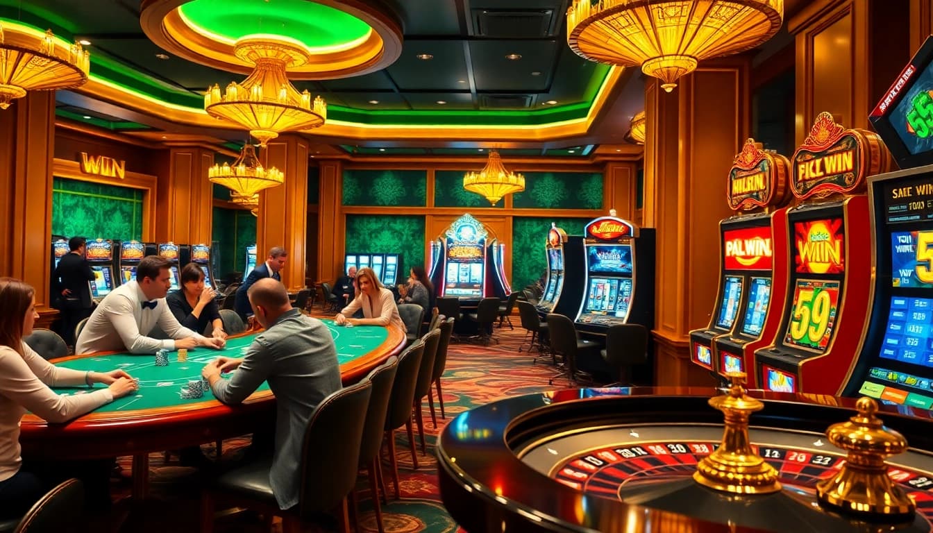 Engaged gamblers celebrating a 555 win at luxurious casino tables.