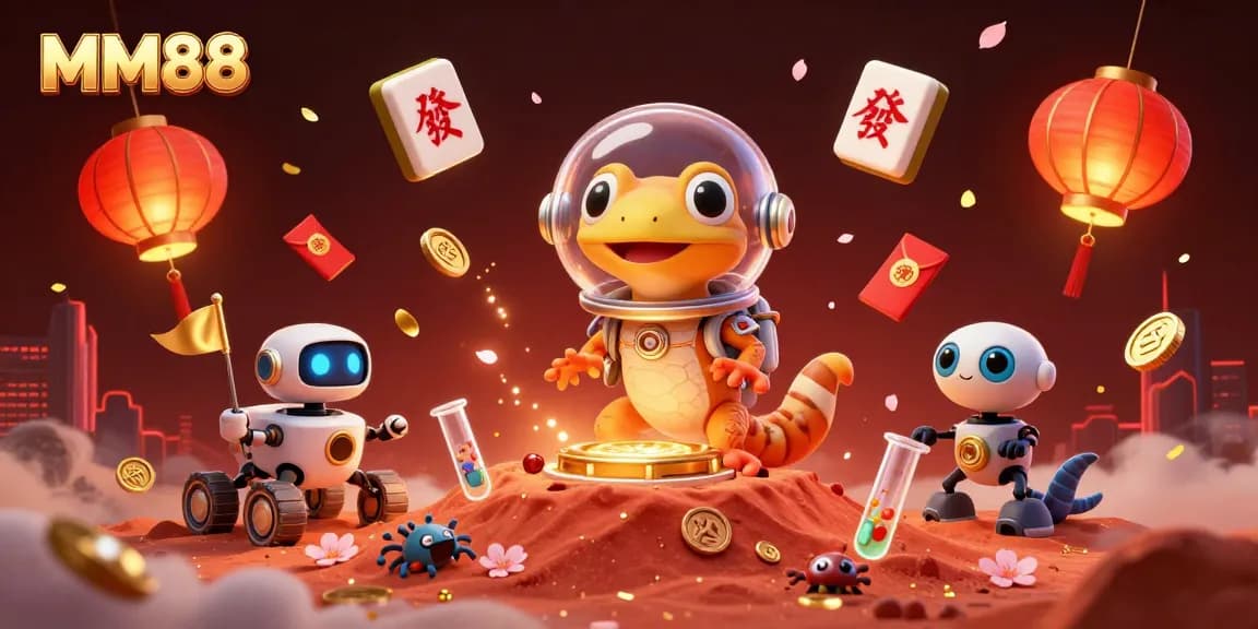 Experience the thrilling MM88 atmosphere with a cartoon Martian gecko discovering a golden casino on Mars.