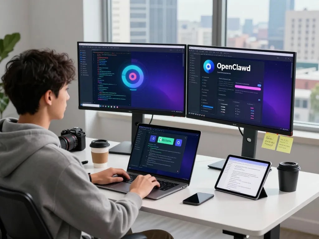 Developer using OpenClawd AI in a modern workspace with dual monitors and collaborative tech tools.
