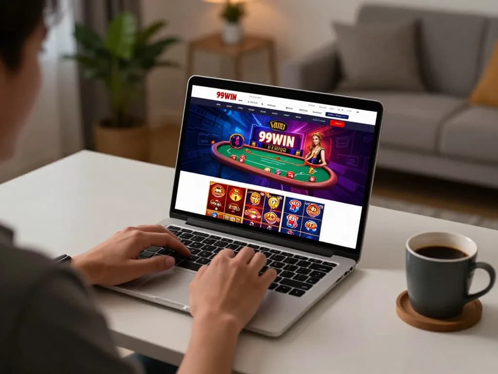 Person logging into 99win đăng nhập on a laptop in a cozy home gaming setup.