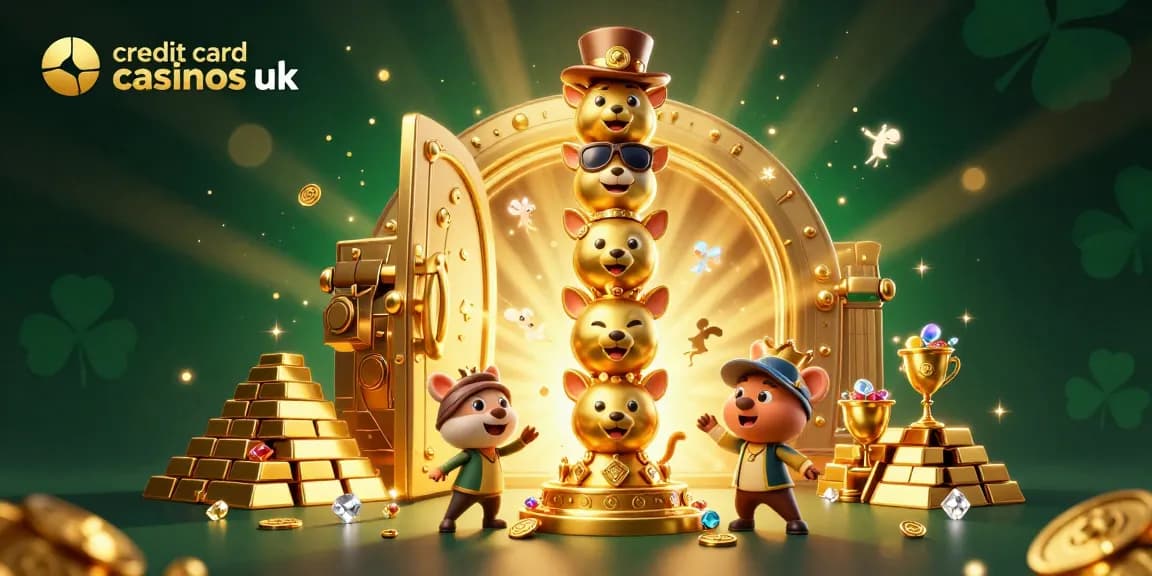 Engage with vibrant 3D illustration showcasing credit card casinos UK, filled with dynamic game elements and golden treasures.