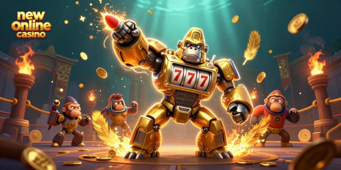 Experience the thrill of a new online casino with dynamic golden gorilla mech, coins, and high-energy action.