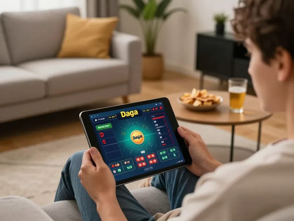Daga online betting experience featuring live gameplay on tablet with snacks nearby.