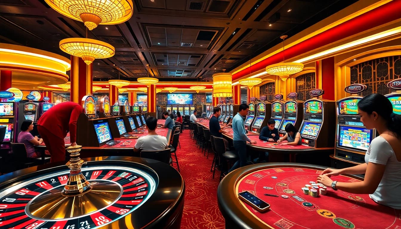 Players enjoying thrilling games at 8day.cn.com's vibrant casino floor, featuring roulette and slots.