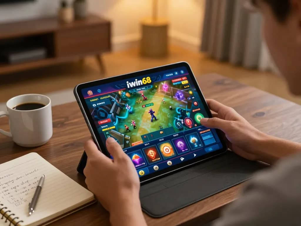 Player engaging in iwin68 online gameplay with tablet showing vibrant casino graphics.