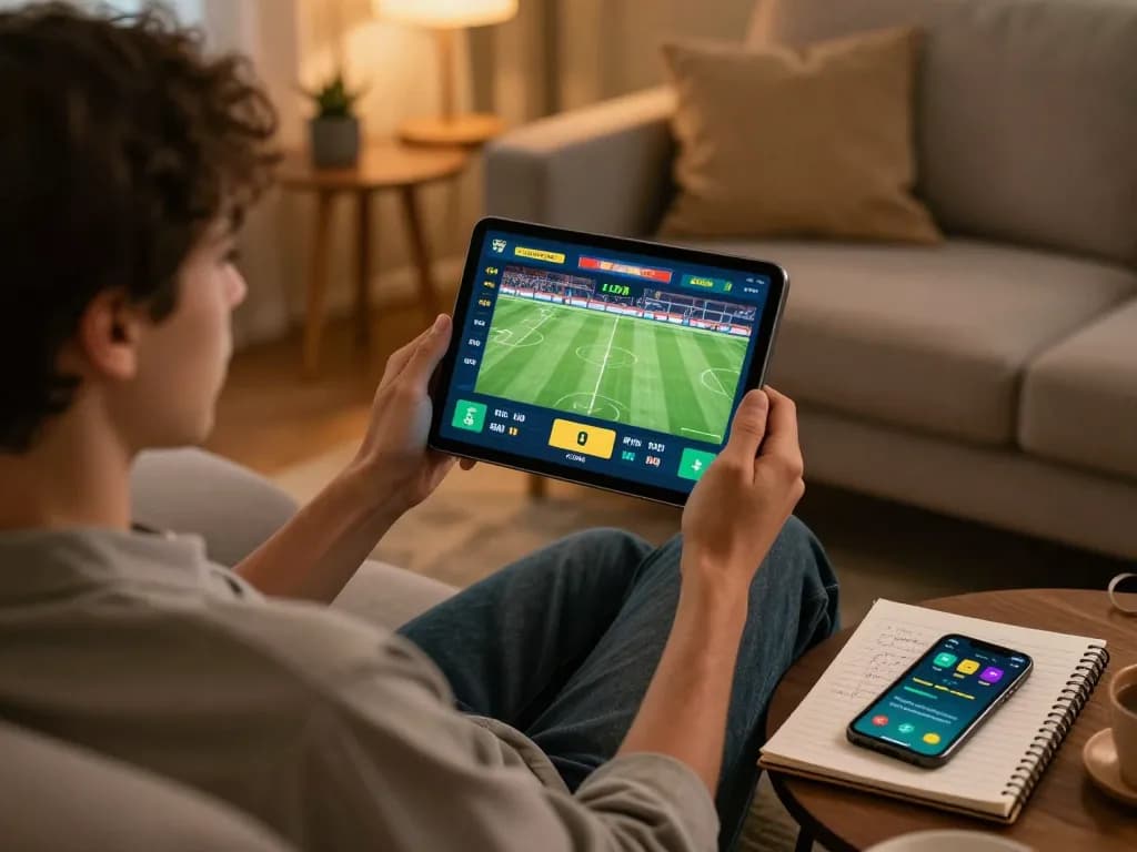 Nowgoal user placing bets on online sports in a cozy living room with strategic notes visible.