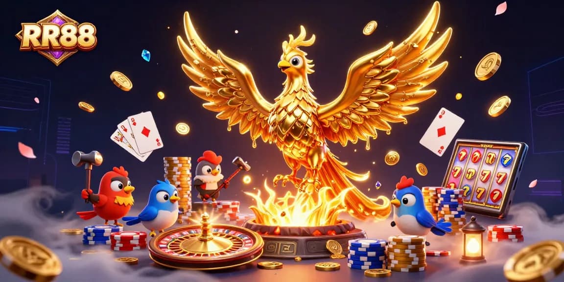 Experience the excitement of RR88 with a dynamic 3D casino illustration featuring slot machines, colorful poker chips, and a captivating golden phoenix.