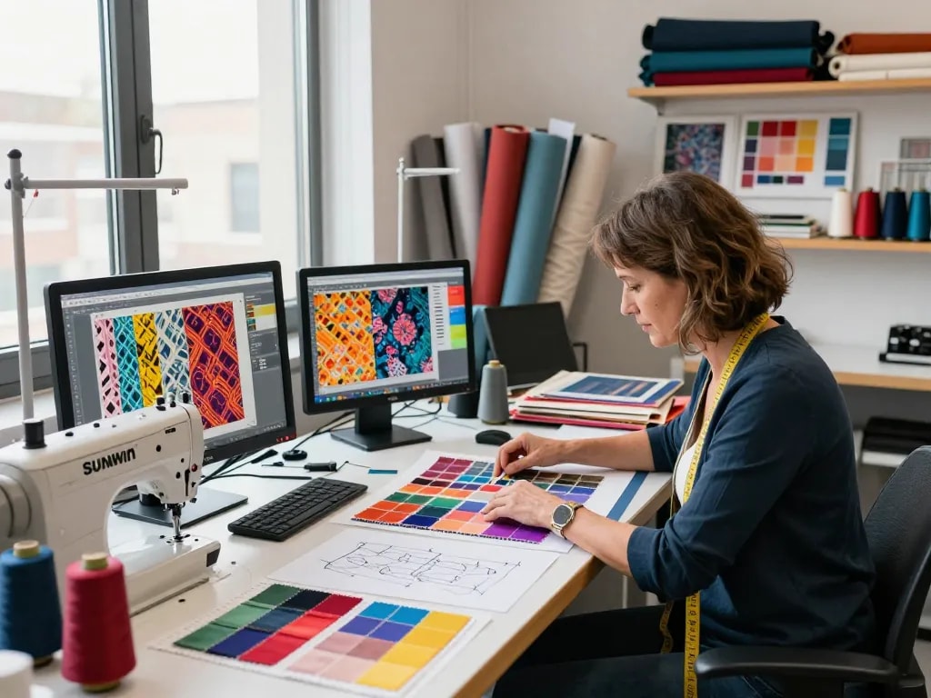 Sunwin textile designer creating innovative fashion pieces in a vibrant studio.