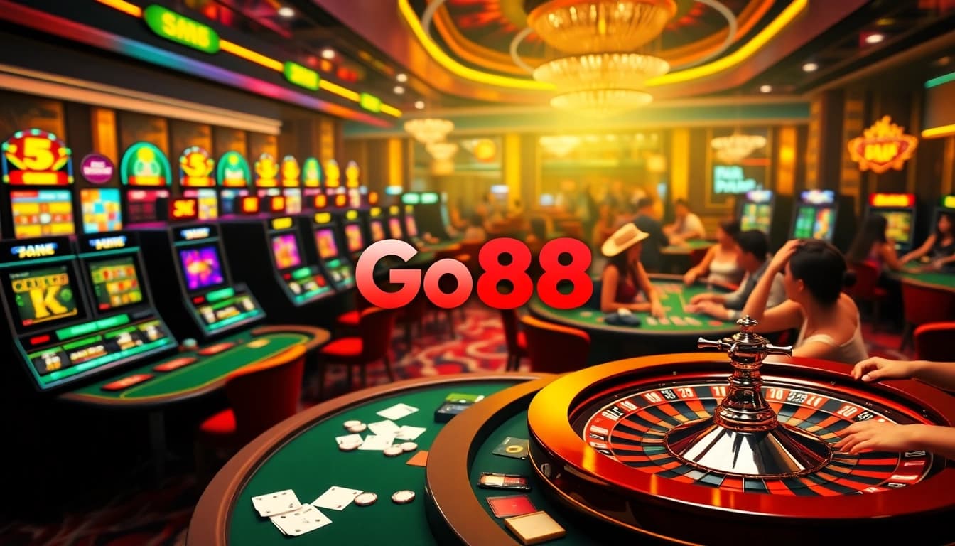 Engage in online gambling excitement with tải go88 at vibrant casino tables featuring slot machines and poker games.