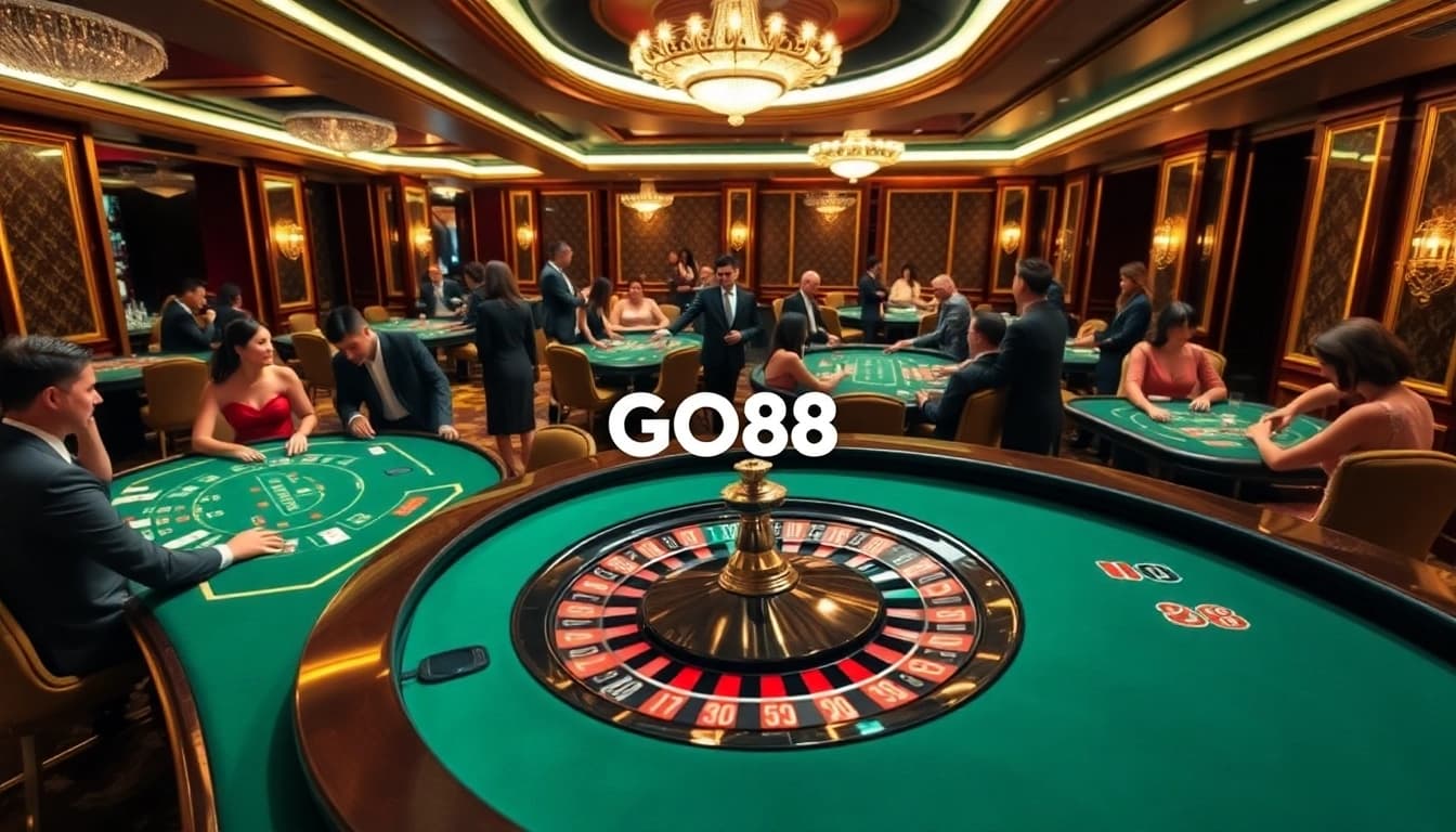 Players enjoy a thrilling experience at Nhà Cái GO88 casino tables with chips and cards.