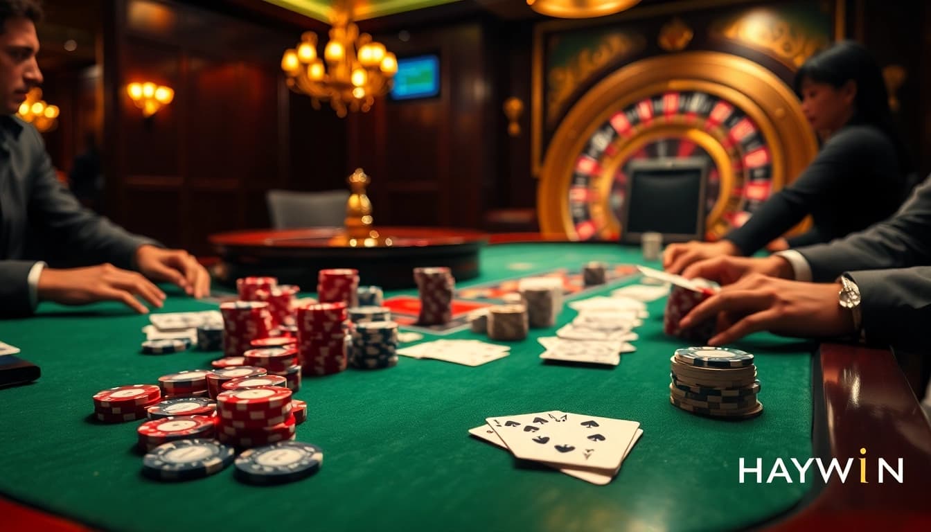 Haywin Casino: Players strategize over a high-stakes poker table, embodying the thrill of gambling.