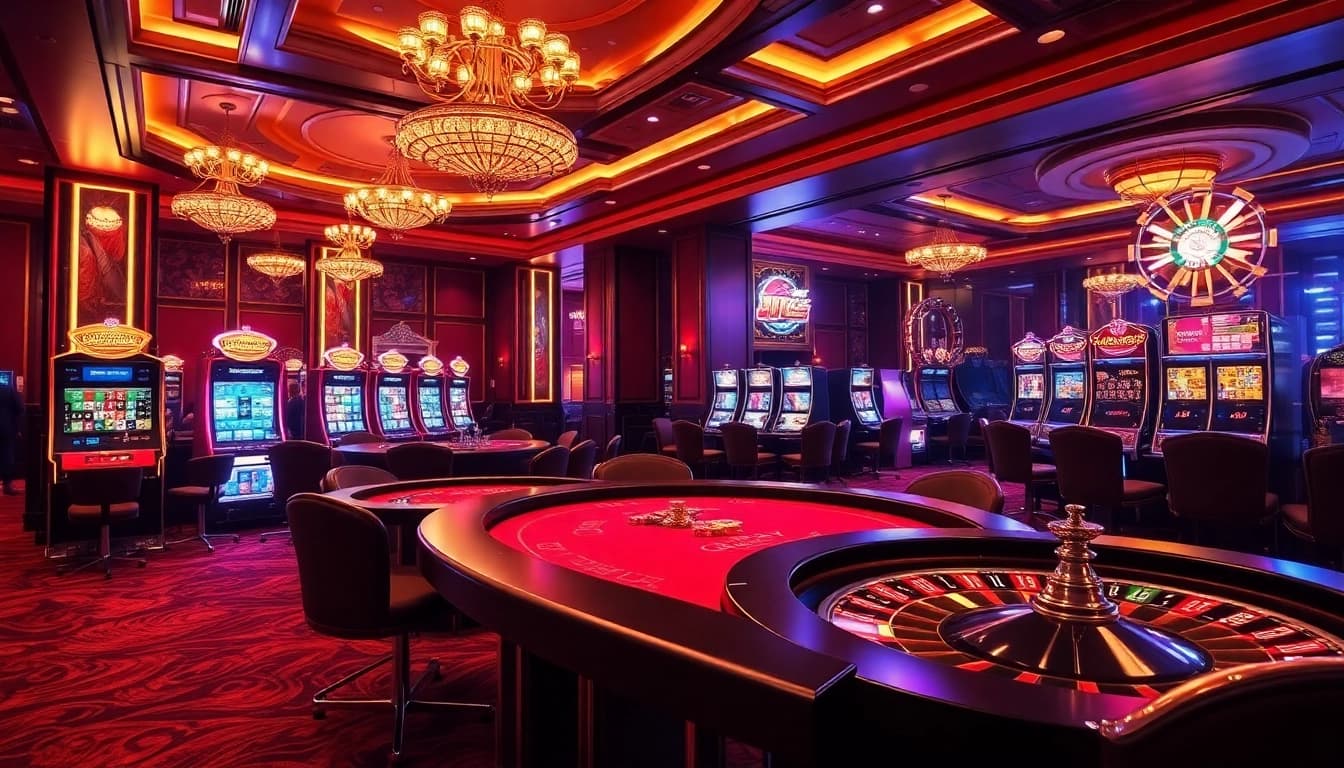 Players enjoying a thrilling game at Nhà Cái QQ88 casino tables with vibrant lights.