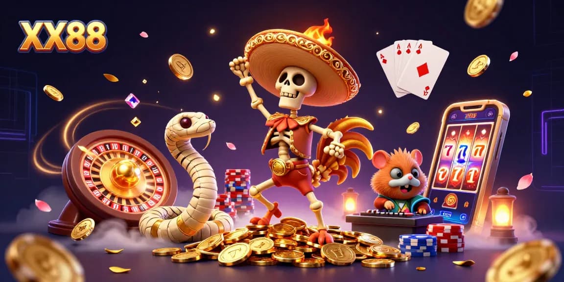 Experience thrilling wins at XX88 with a vibrant 3D casino illustration featuring a victorious mariachi rooster and lively game elements.
