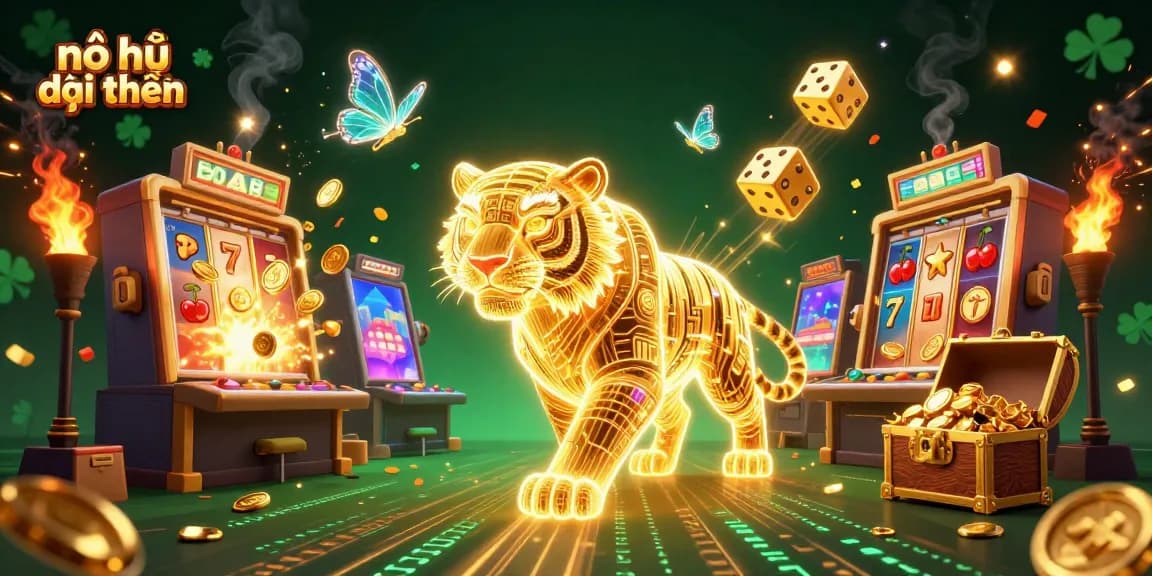 Play exciting nổ hũ đổi thưởng with a golden tiger and vibrant casino elements in 3D.