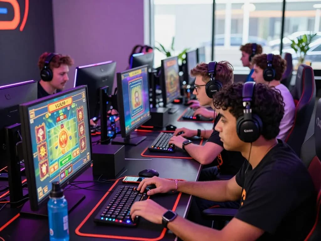Players immersed in the thrilling VUA99 online gaming experience with vibrant screens and focused expressions.