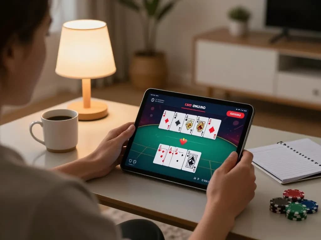 Engaging scene of a player using uu88 com on a tablet for online poker in a cozy home setup.