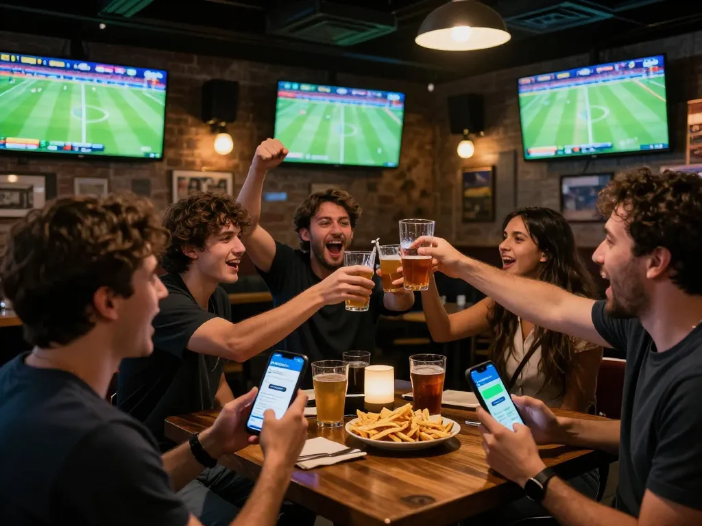 Fans celebrating with drinks while using NOWGOAL app for live betting during football matches