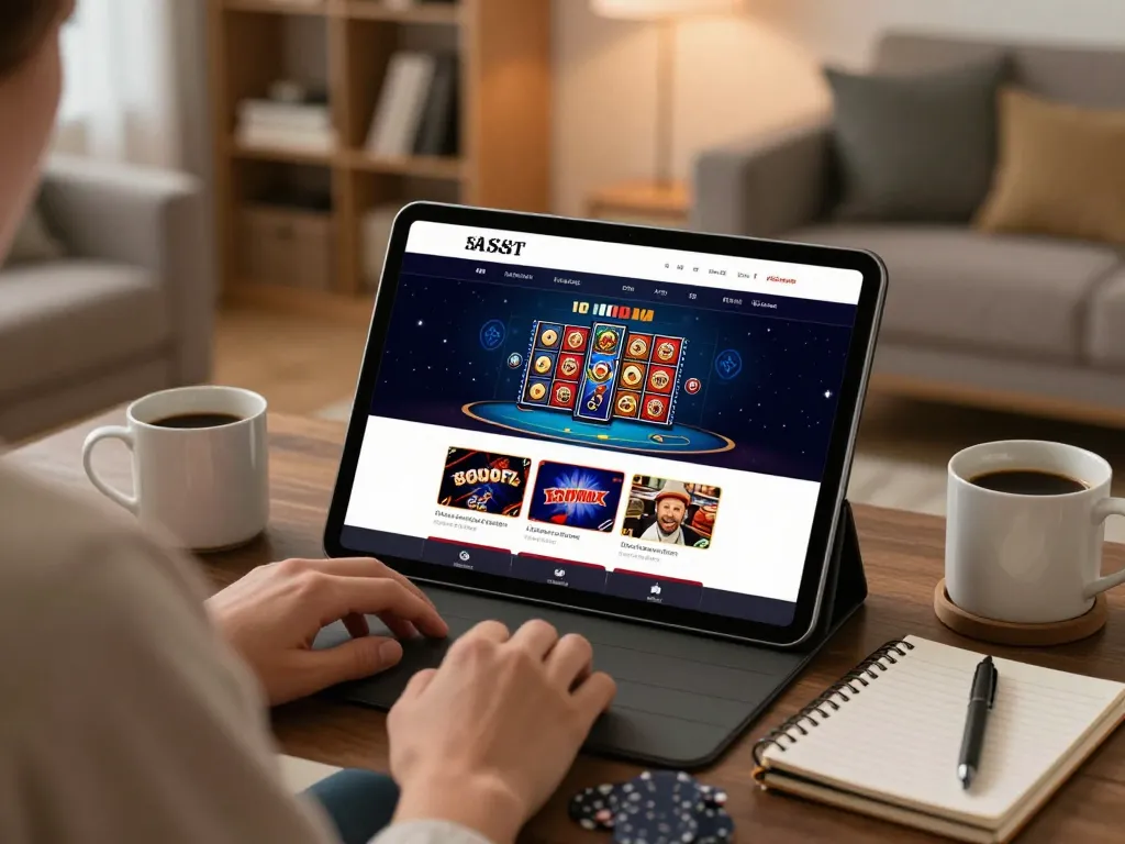 Experience online gaming at https://www.mnm88.com/ with a player enjoying poker and slots on a tablet in a cozy setting.