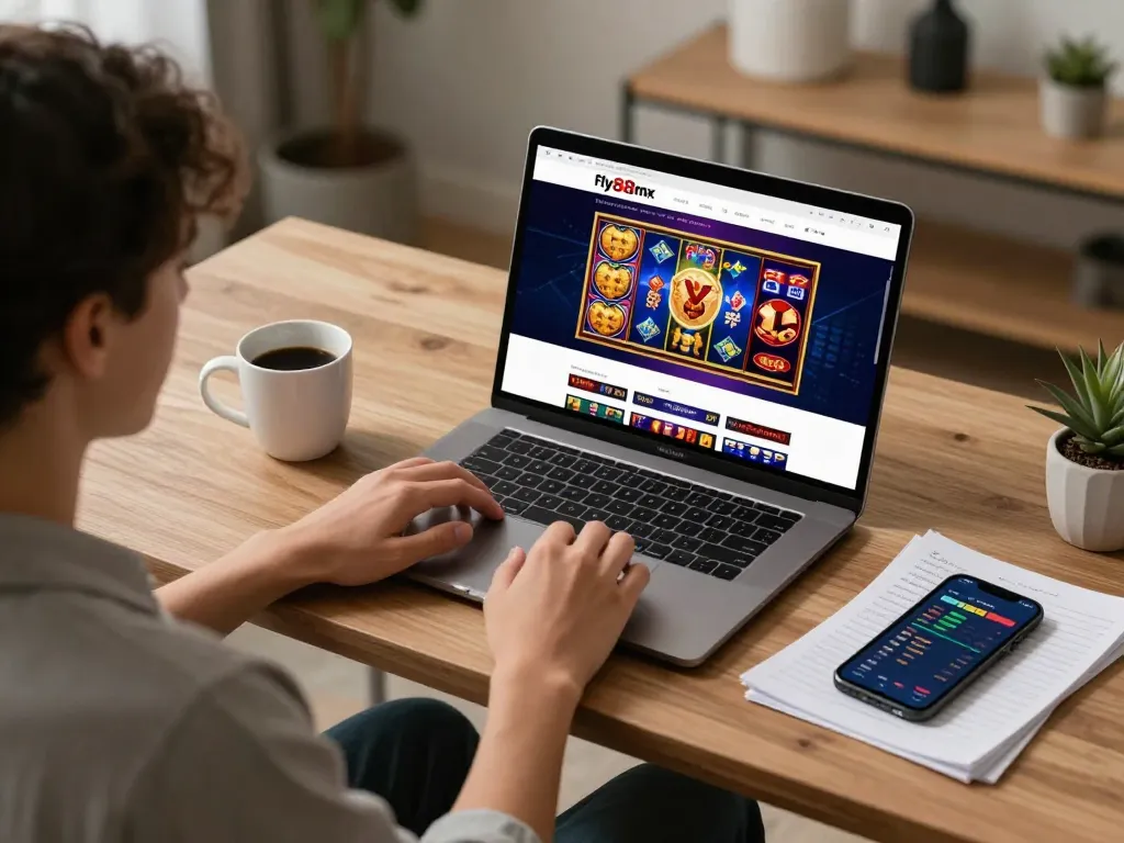 Engaging in online gaming on the fly88mx platform with a laptop and betting notes.