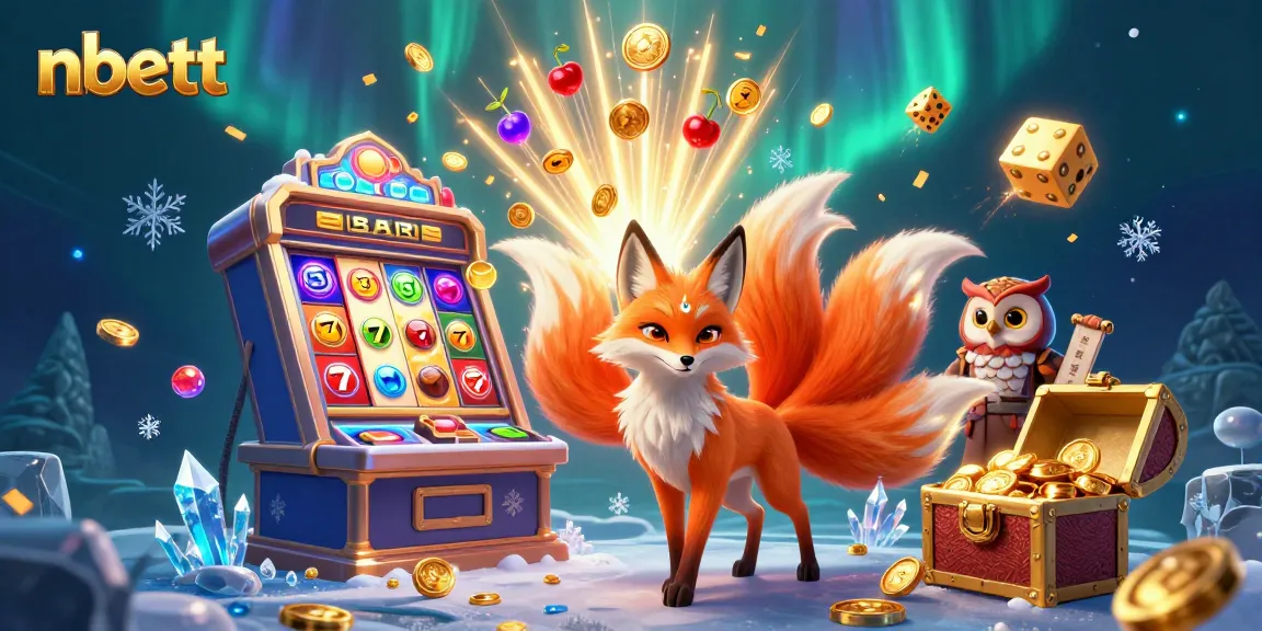 Spin the reels at nbett's vibrant casino scene, featuring a winning fox spirit amidst coins and jackpots.