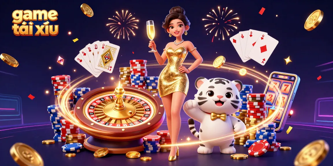 Experience the excitement of game tài xỉu with a glamorous setup featuring poker chips and golden champagne.