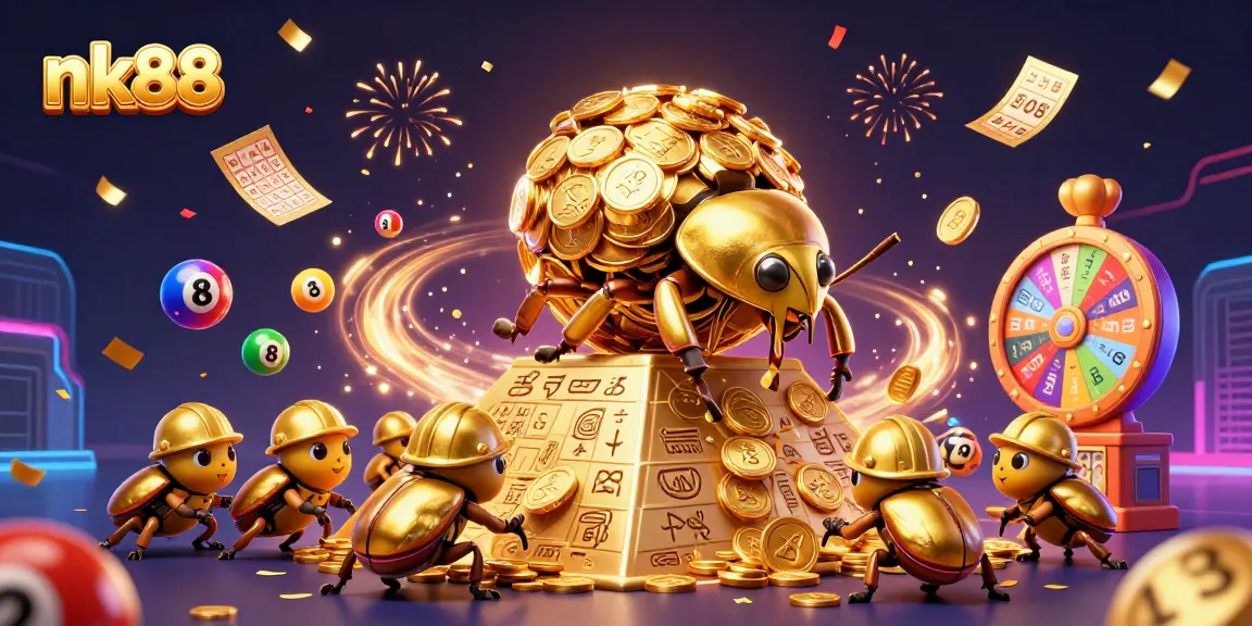 Experience thrilling wins at nk88 with golden tickets and lottery balls bouncing in celebration.