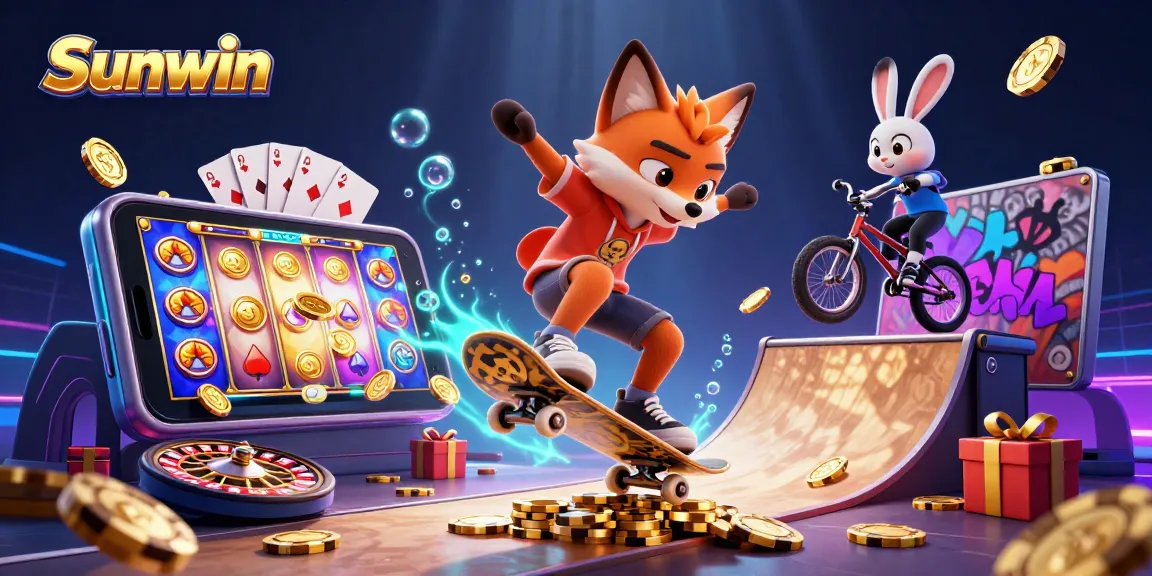 Sunwin casino illustration featuring a fox skateboarder and a rabbit BMX rider showcasing dynamic gambling thrills.