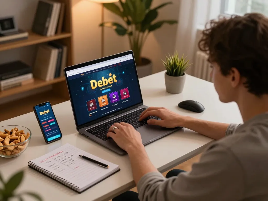 Engaging in online gaming at Debet with strategies and a cozy setup in an ambient room.